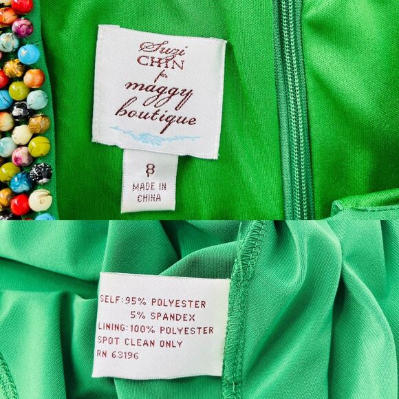 Suzi Chin Womens Dress Sz 8 Green Beaded Halter Sleeveless Keyhole Stretch Midi - Picture 7 of 10